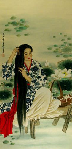 Woman Combing Hair - Large Wall Scroll close up view