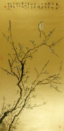 Traditional Antique-Style Bird and Plum Blossom - Large Wall Scroll close up view