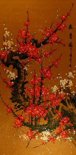 Traditional Antique-Style Plum Blossom - Large Wall Scroll close up view
