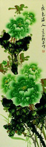 Peony Green Flower Chinese Scroll close up view