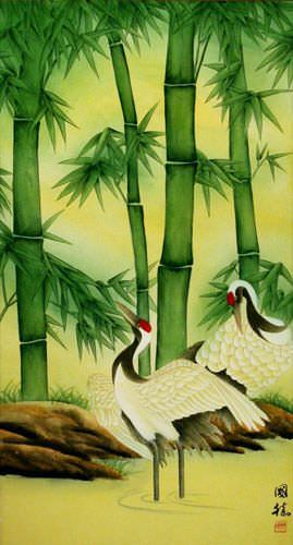 Big Cranes and Green Bamboo Wall Scroll close up view