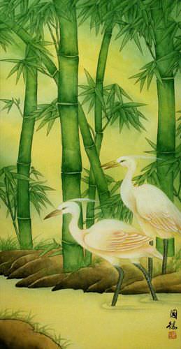 Asian Egrets and Green Bamboo Wall Scroll close up view