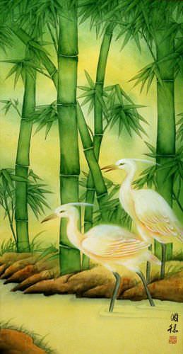 Big Cranes and Green Bamboo Wall Scroll close up view