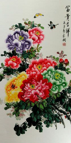 Extra-Large Colorful Peony Flower Wall Scroll close up view