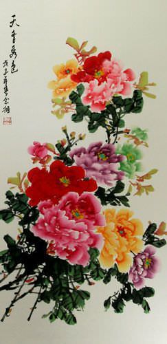 Extra-Large Colorful Peony Flower Wall Scroll close up view