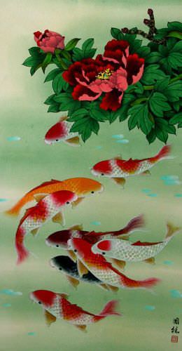Koi Fish & Flower - Chinese Scroll close up view