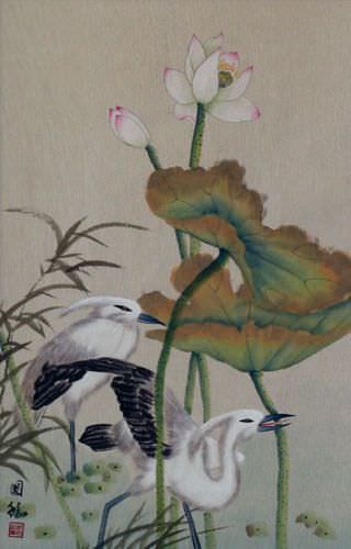 Egrets and Lotus Flower Wall Scroll close up view