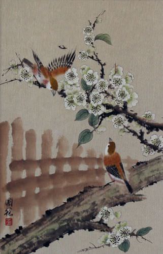 Bird & Flower Wall Scroll close up view