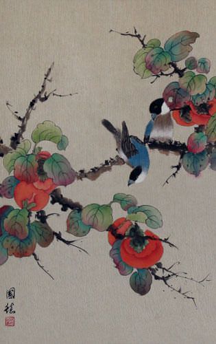 Birds and Persimmons Wall Scroll close up view