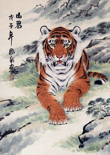 Chinese Tiger Wall Scroll close up view