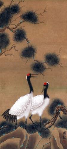 Antique-Style Cranes and Pine Tree Wall Scroll close up view