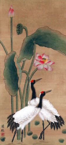 Antique-Style Cranes and Lotus Flower Wall Scroll close up view