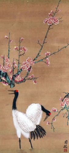 Antique-Style Cranes and Plum Blossom Wall Scroll close up view