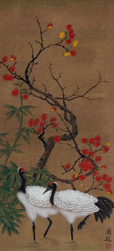 Antique-Style Cranes and Plum Blossom Wall Scroll close up view
