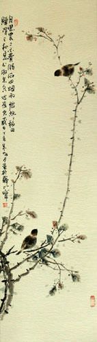Birds and Persimmon Branch - Chinese Scroll close up view
