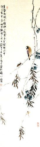 Bird and Grasshopper on a Branch - Chinese Scroll close up view