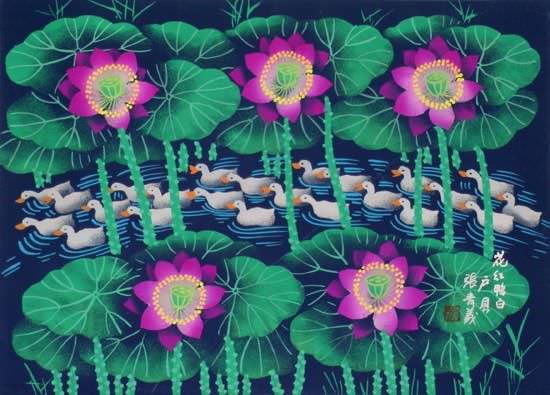 Flowers and White Ducks - Chinese Folk Art Painting