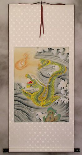 Auspicious Green Dragon White Silk Scroll