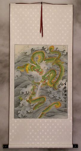 Auspicious Dragons - White Chinese Silk Scroll