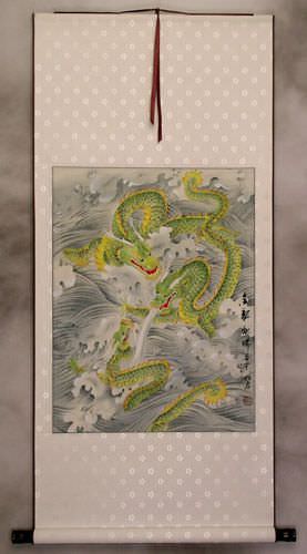 Three Green Dragons - White Asian Silk Scroll