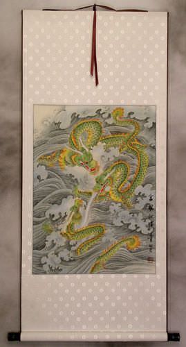Auspicious Dragons - White Chinese Silk Scroll