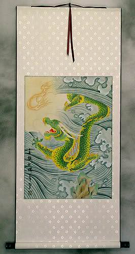 Auspicious Green Dragon White Silk Scroll