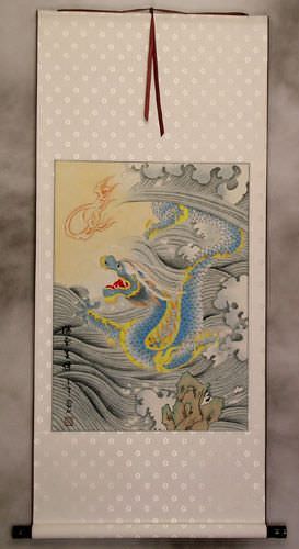 Good Omen - Green/Blue Dragon White Silk Scroll