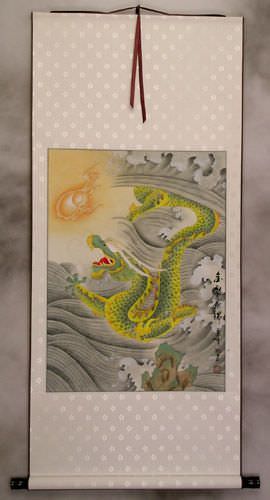 Auspicious Green Dragon White Silk Scroll
