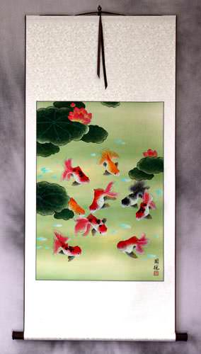 Gold Fish & Flowers - Asian Scroll