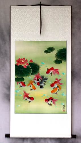 Gold Fish & Flowers - Asian Scroll