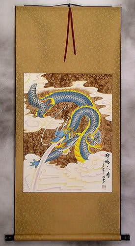 Good Luck Blue Dragon - Chinese Scroll
