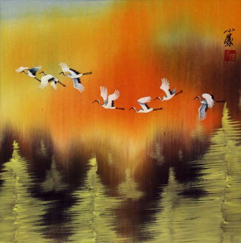 Cranes Taking Flight in Autumn