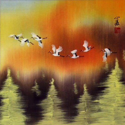 Chinese Cranes Taking Flight in Autumn