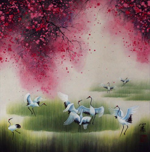 Four Seasons Cranes Watercolor Painting