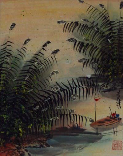 Cranes and Boat at the River Bank - Chinese Landscape Artwork