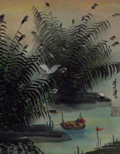 River Bank - Cranes and Boat - Chinese Landscape Painting