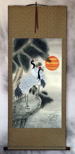 Antique-Style Cranes and Pine Tree Wall Scroll