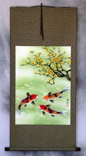 Koi Fish and Plum Blossoms - Large Wall Scroll