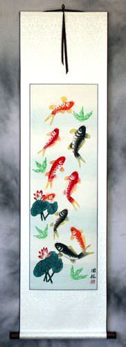 Koi Fish & Lotus Flower - Chinese Scroll