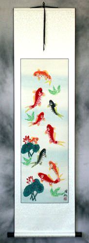 Koi Fish & Lotus Flower - Chinese Scroll