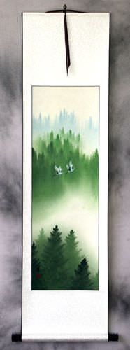 Colorful Asian Cranes Wall Scroll