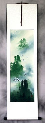 Colorful Asian Cranes Wall Scroll