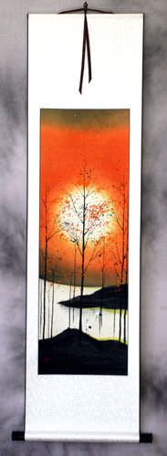 Colorful Asian Cranes Wall Scroll