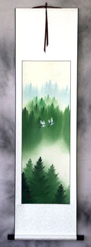 Colorful Asian Cranes Wall Scroll