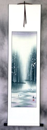 Colorful Asian Cranes Wall Scroll