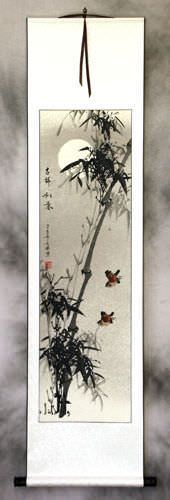 Chinese Birds and Bamboo Silk Wall Scroll