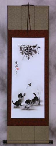 Charcoal Kittens Butterfly, Cricket & Grapes Wall Scroll