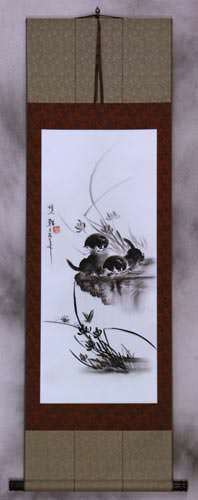 Charcoal Kittens and Butterflies Wall Scroll