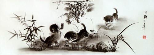 Chinese Charcoal Kittens Wide Drawing