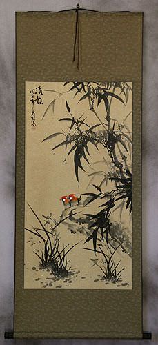 Chinese Black Ink Birds and Bamboo Wall Scroll